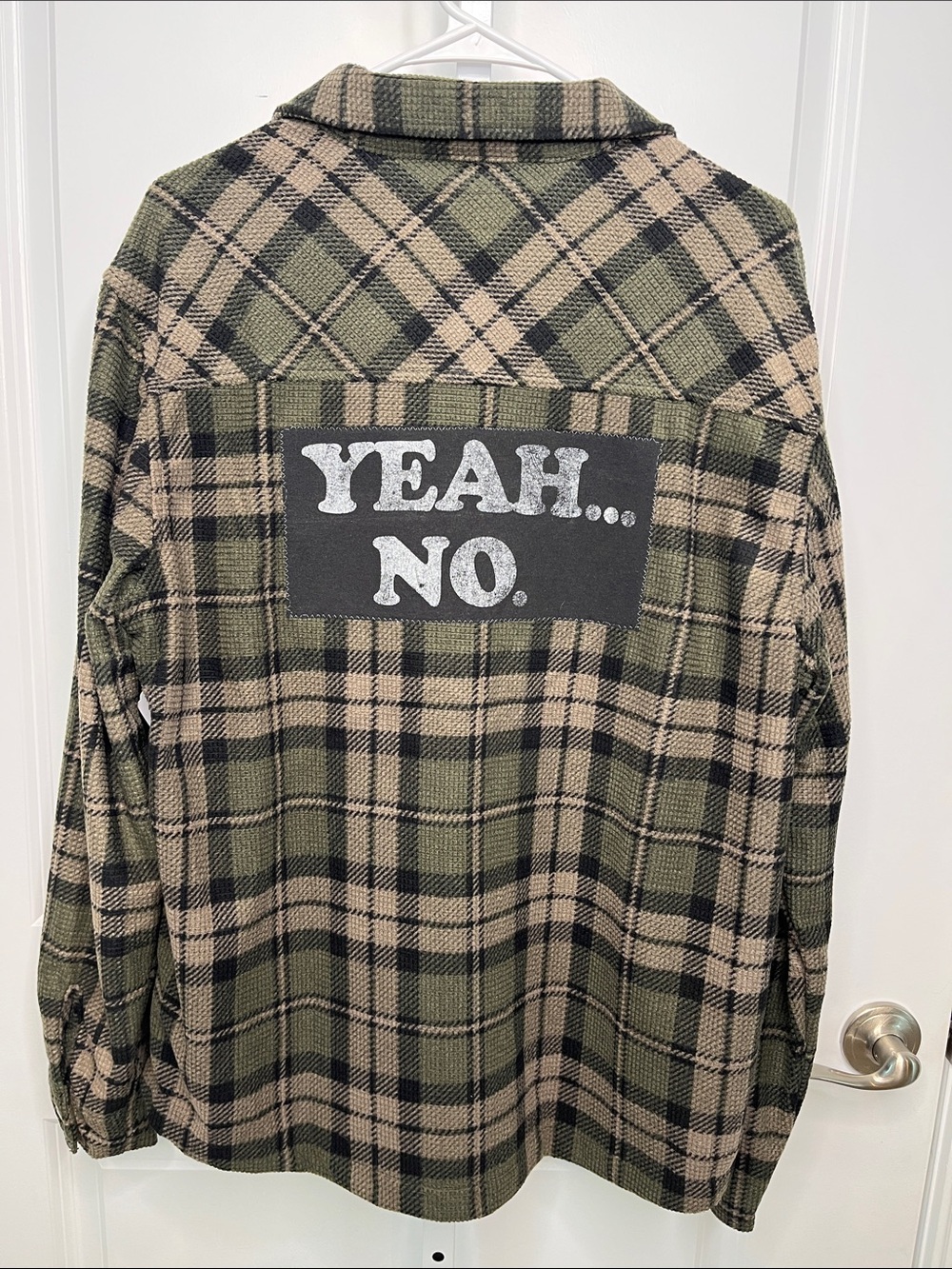 Upcycled Lined Olive Plaid Flannel Yeah, No. Shirt Jacket Men’s Medium NWT